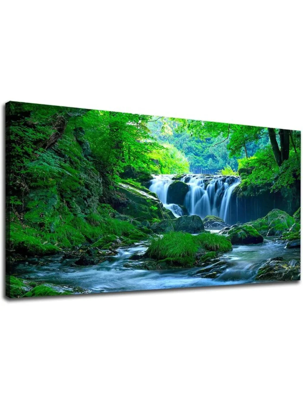 Calming Green Nature Landscape Canvas Art - Waterfall Wall Decor for Home